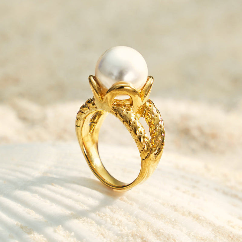 Orlisse bold gold ring with a luminous raised pearl, 316L stainless steel — Crown Crest Jewel