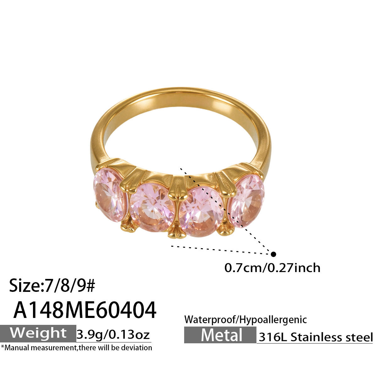 Ruelle gold ring with luminous pink stones, 316L stainless steel — Crown Crest Jewel