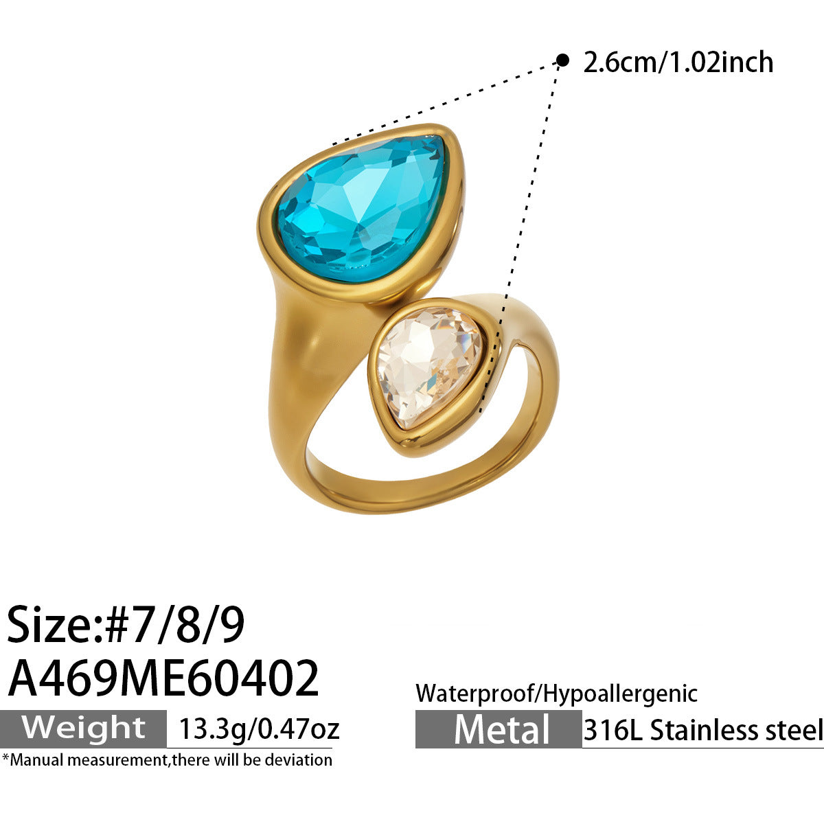 Avelune bold open gold ring with blue and silver-toned ovals, 316L stainless steel — Crown Crest Jewel