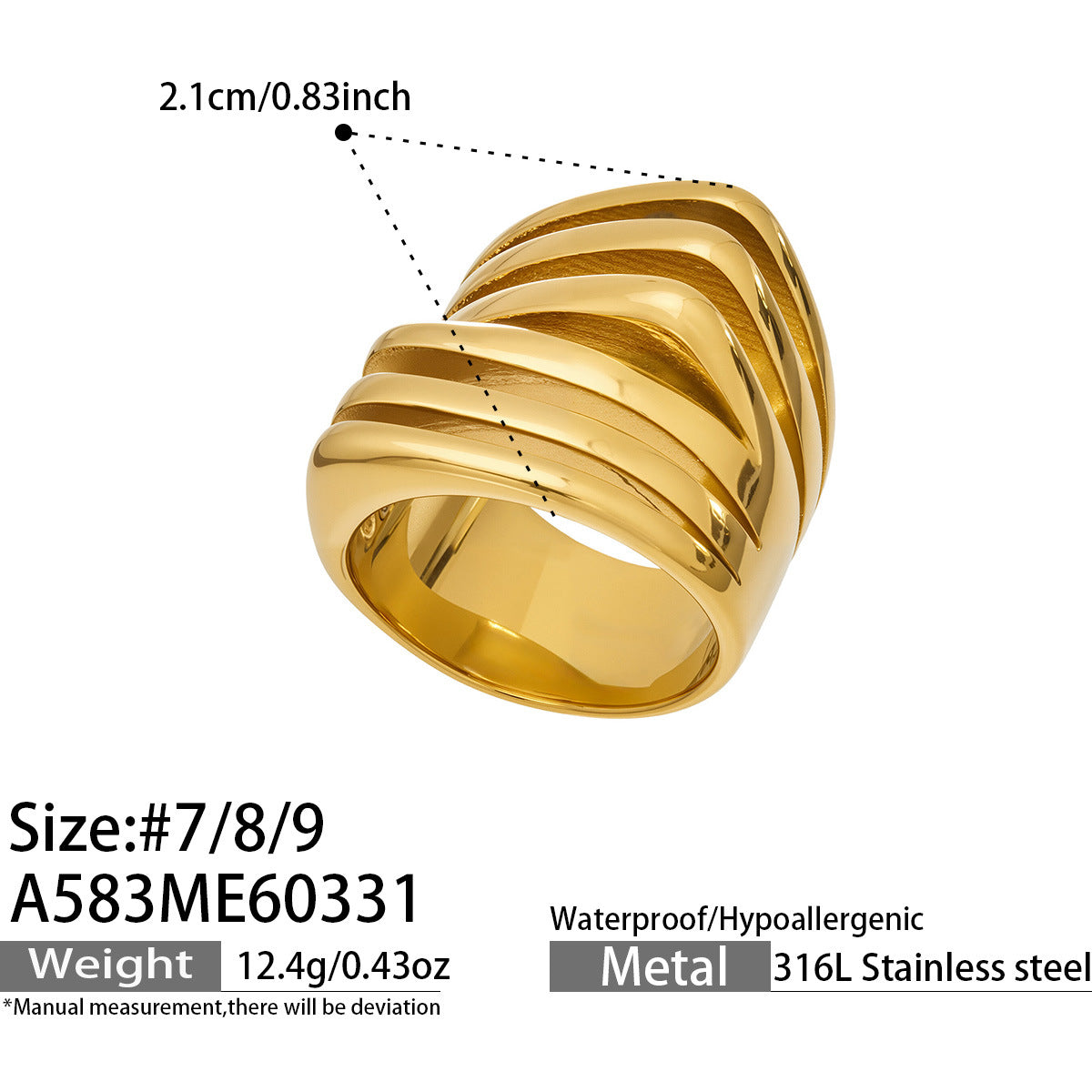 Altheon bold gold ring with sculpted raised ridges, 316L stainless steel — Crown Crest Jewel