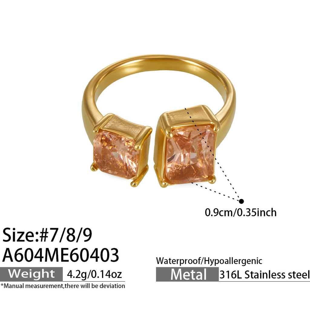 Elowen open gold ring with a square finish and white stone, 316L stainless steel — Crown Crest Jewel