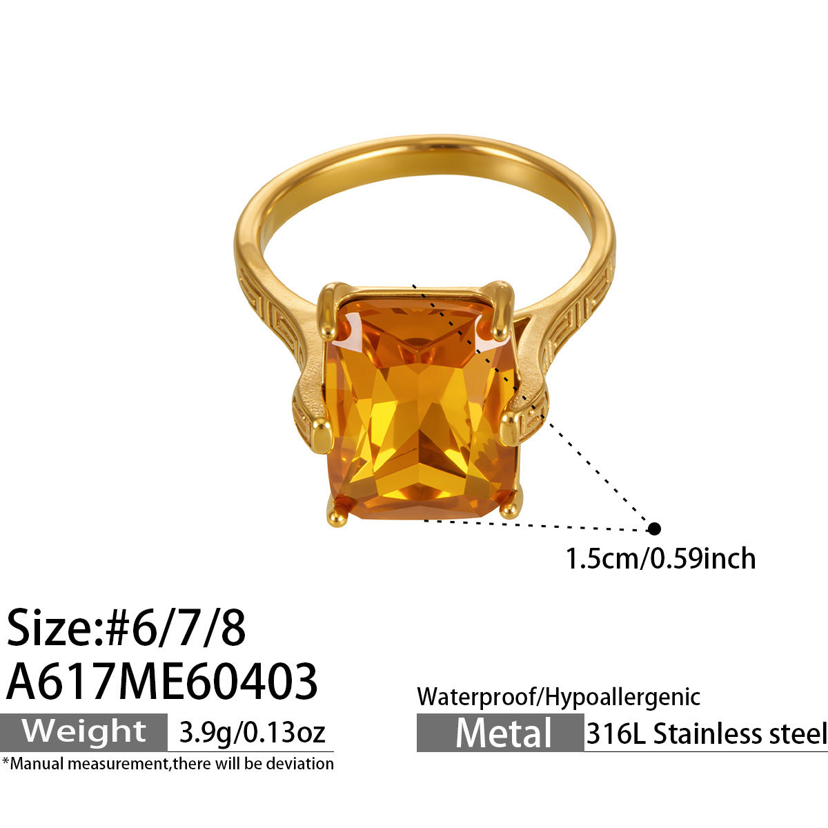 Solenne gold ring with a vibrant orange rectangular stone, 316L stainless steel — Crown Crest Jewel