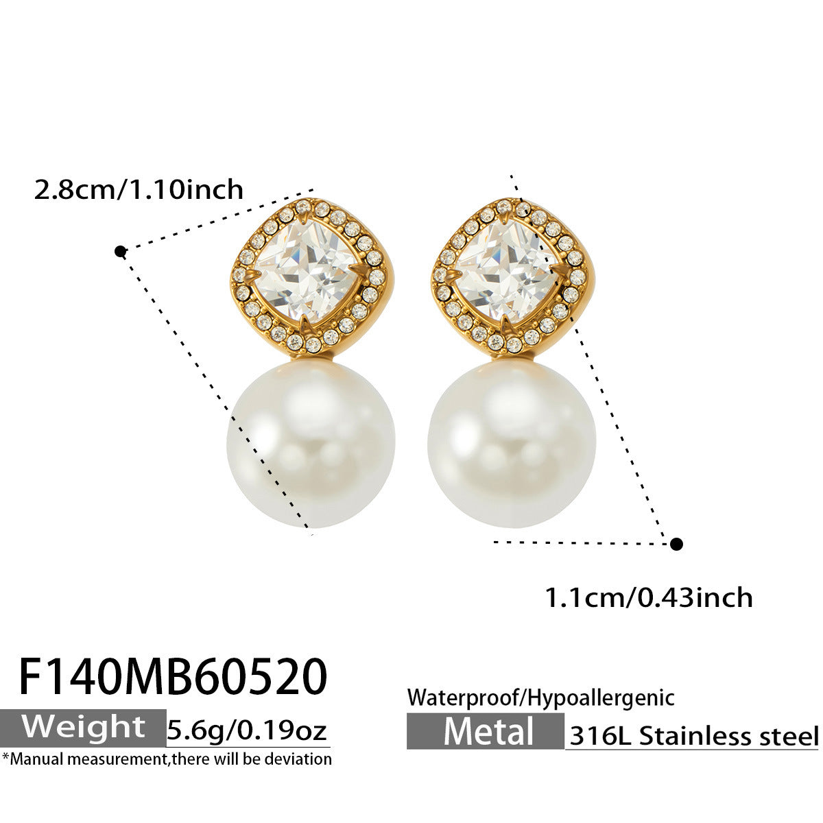 Seraphine gold drop earrings with diamond-cut stone and pearl, 316L stainless steel — Crown Crest Jewel
