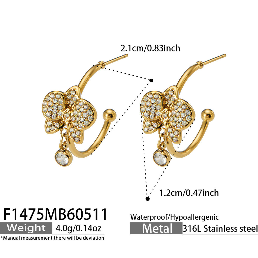 Bellara gold C-hoop earrings with bee and silver-toned stones, 316L stainless steel — Crown Crest Jewel