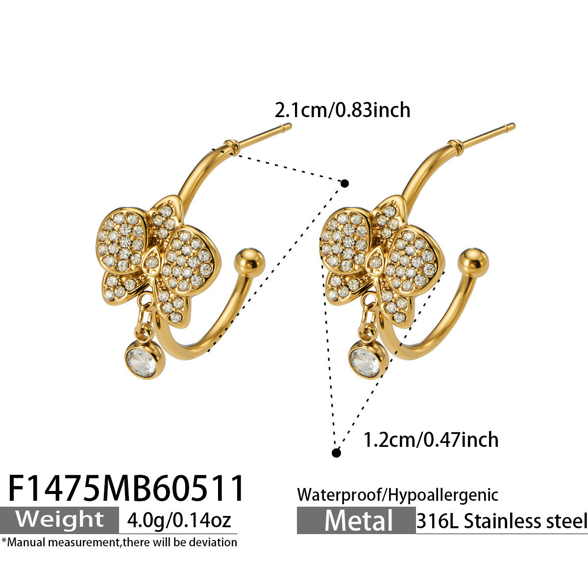 Bellara gold C-hoop earrings with bee and silver-toned stones, 316L stainless steel — Crown Crest Jewel