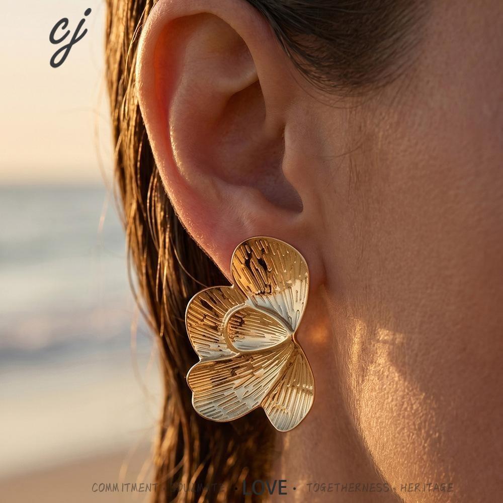 Petalia sculptural gold half-flower earrings, 316L stainless steel — Crown Crest Jewel