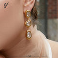 Liora linear gold earrings with three sparkling stones, 316L stainless steel — Crown Crest Jewel