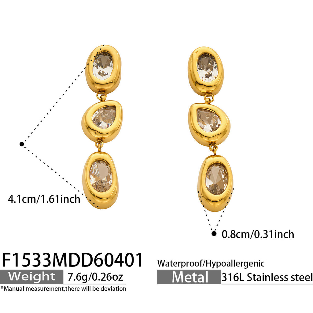 Liora linear gold earrings with three sparkling stones, 316L stainless steel — Crown Crest Jewel