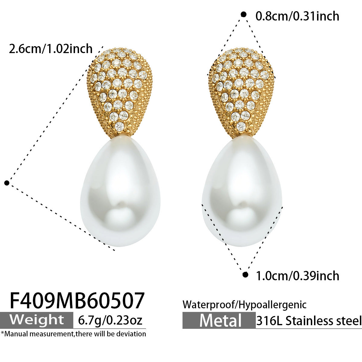 Elodie petite gold drop earrings with a luminous pearl, 316L stainless steel — Crown Crest Jewel