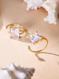 Elowen open gold ring with a square finish and white stone, 316L stainless steel — Crown Crest Jewel