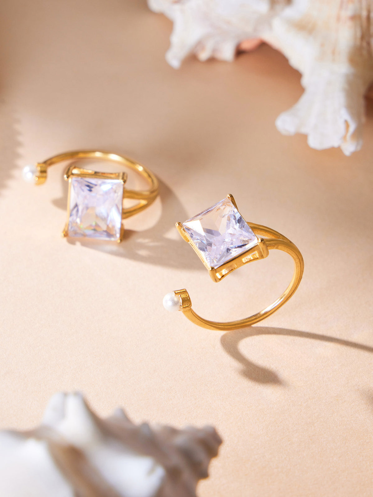Elowen open gold ring with a square finish and white stone, 316L stainless steel — Crown Crest Jewel