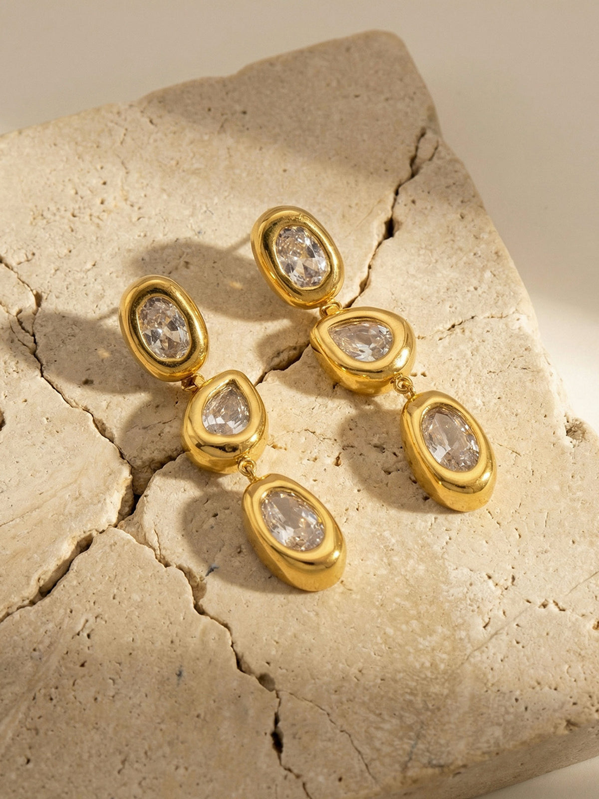 Liora linear gold earrings with three sparkling stones, 316L stainless steel — Crown Crest Jewel