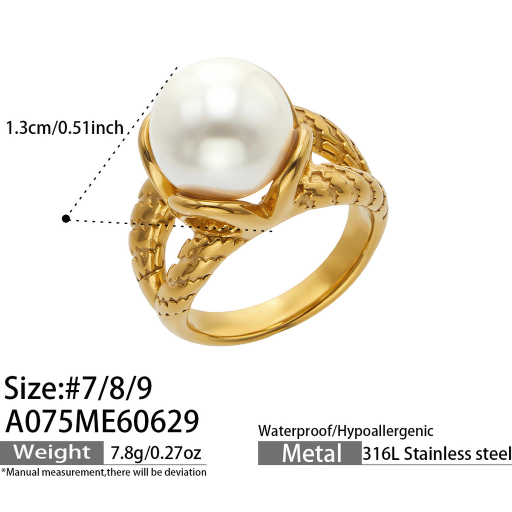 Orlisse bold gold ring with a luminous raised pearl, 316L stainless steel — Crown Crest Jewel