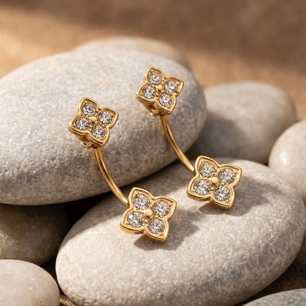 Floréa floral earrings with a hidden second bloom, 316L stainless steel — Crown Crest Jewel