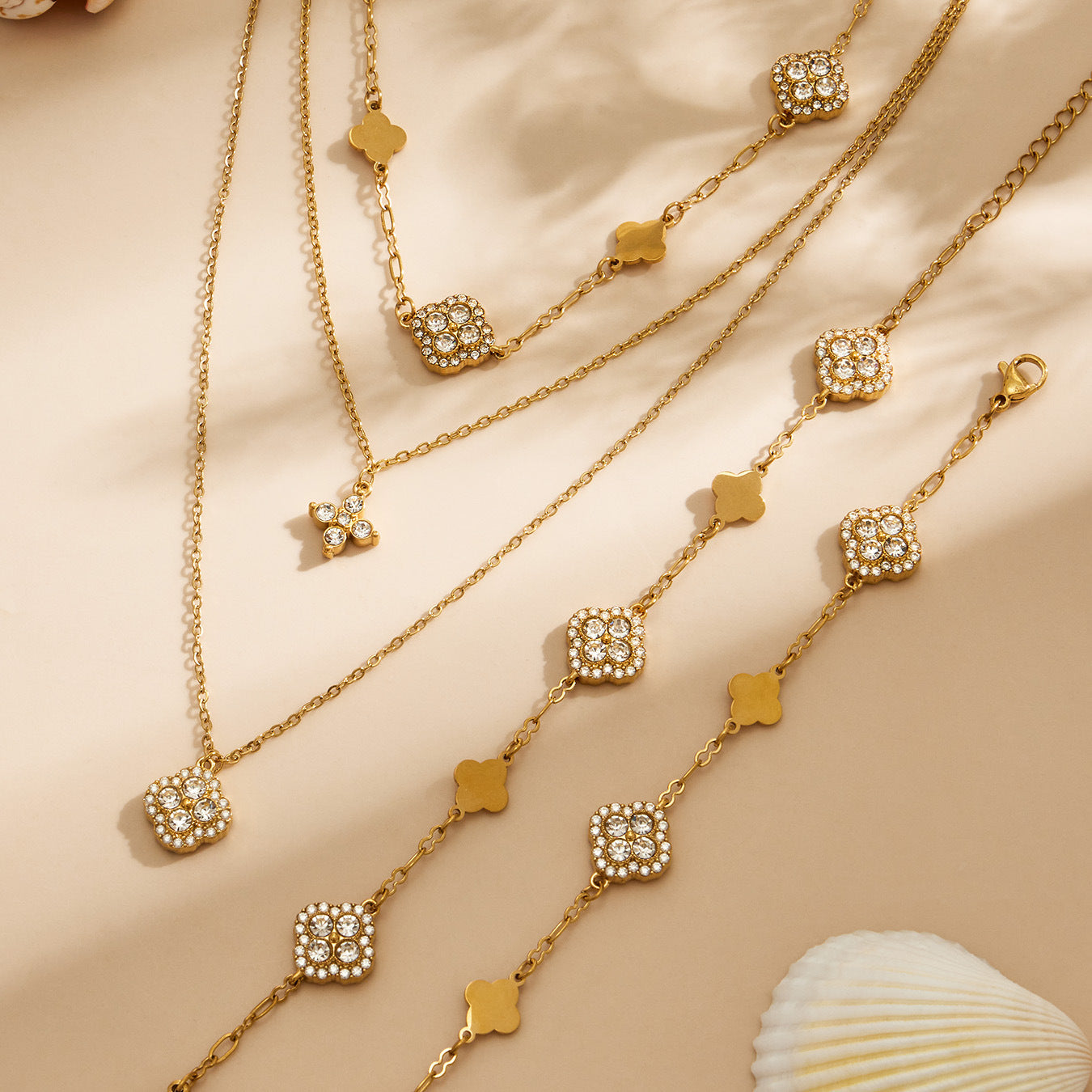 Zaria layered gold necklace with star and floral charm, 316L stainless steel — Crown Crest Jewel