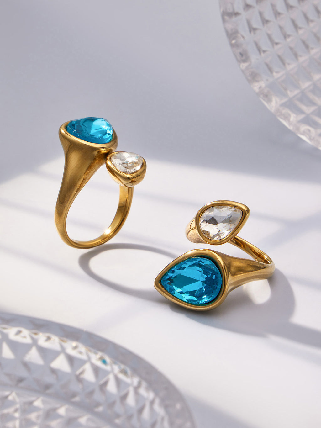 Avelune bold open gold ring with blue and silver-toned ovals, 316L stainless steel — Crown Crest Jewel