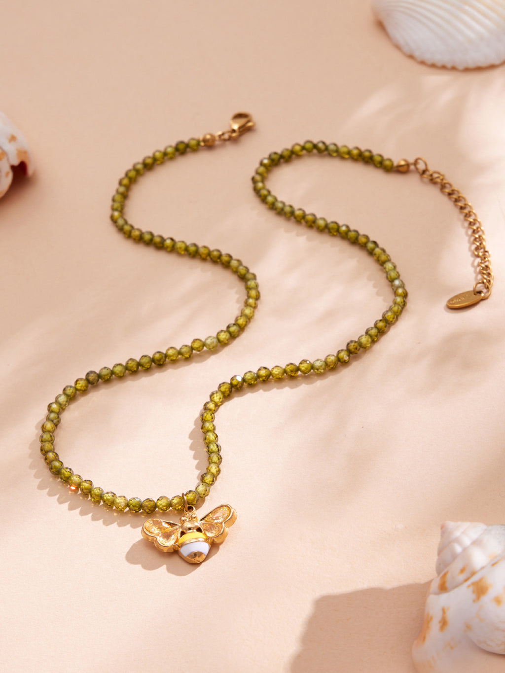 Zawadi gold necklace with green beads and bee pendant, 316L stainless steel — Crown Crest Jewel