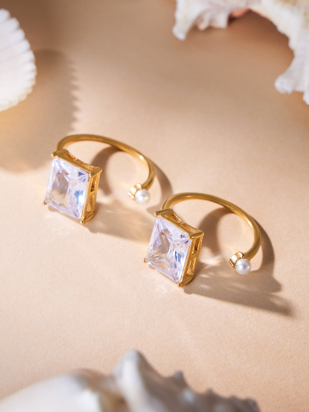 Elowen open gold ring with a square finish and white stone, 316L stainless steel — Crown Crest Jewel