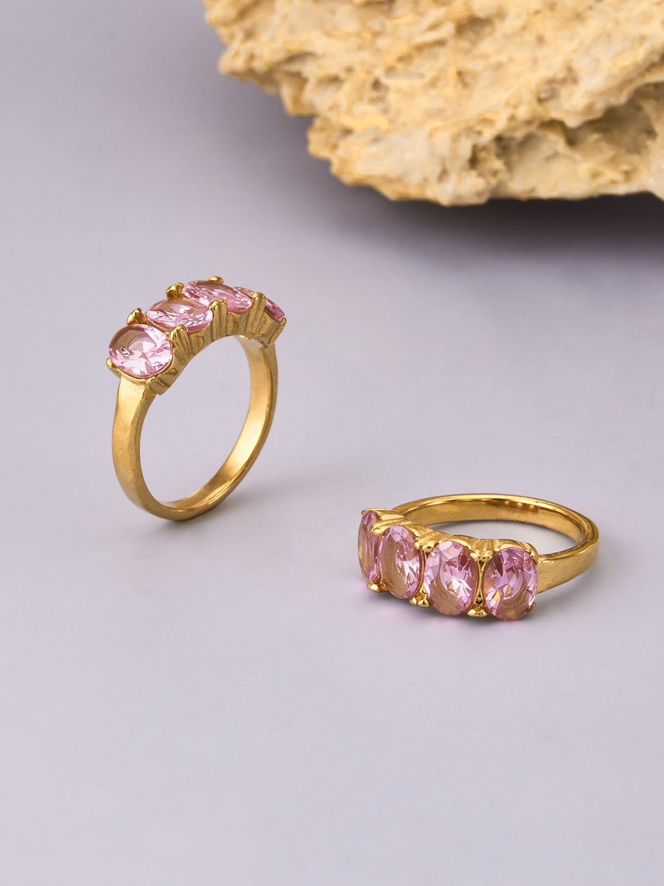 Ruelle gold ring with luminous pink stones, 316L stainless steel — Crown Crest Jewel