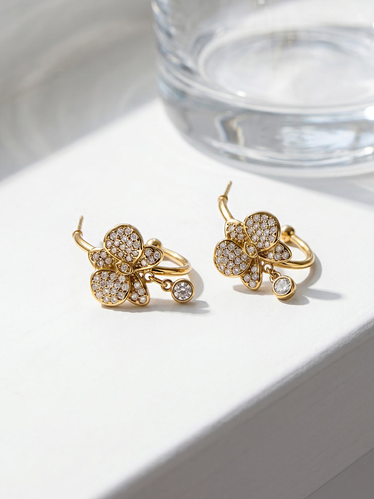Bellara gold C-hoop earrings with bee and silver-toned stones, 316L stainless steel — Crown Crest Jewel
