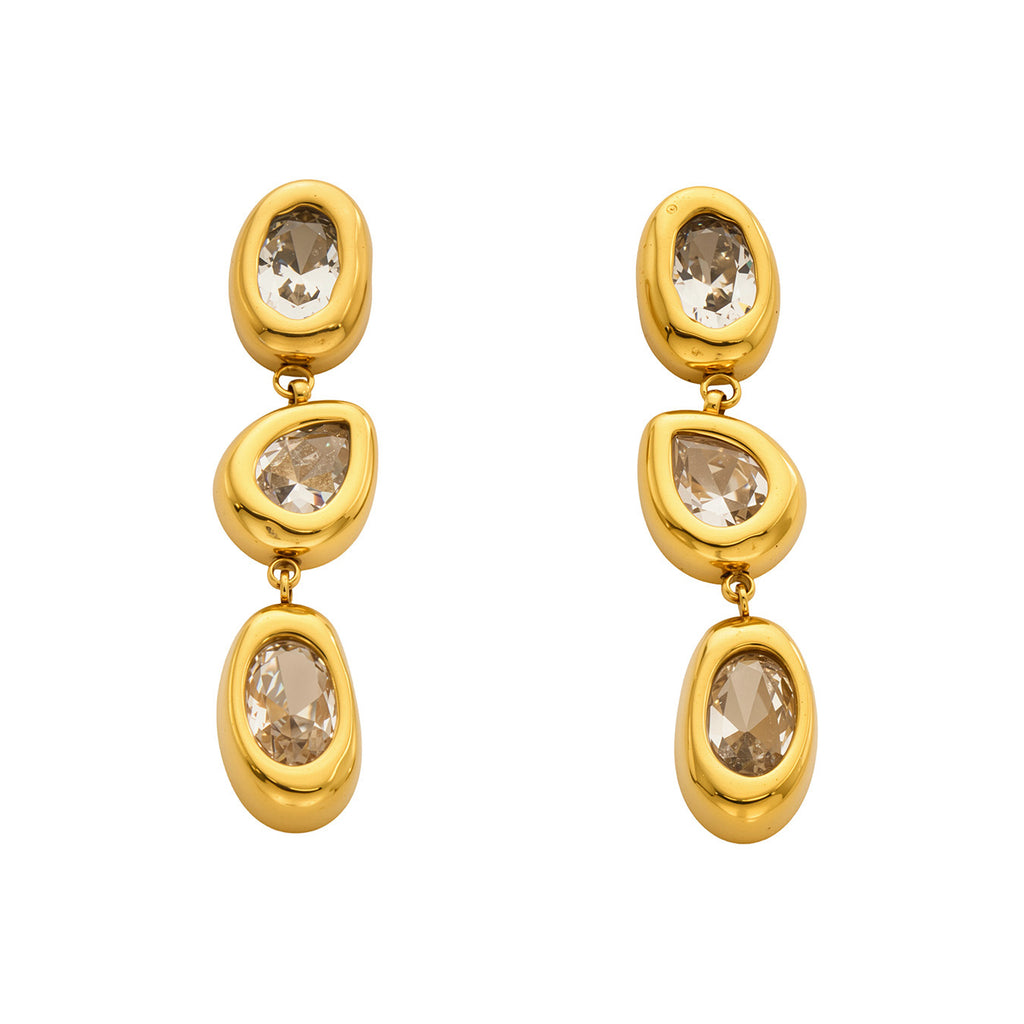 Liora linear gold earrings with three sparkling stones, 316L stainless steel — Crown Crest Jewel