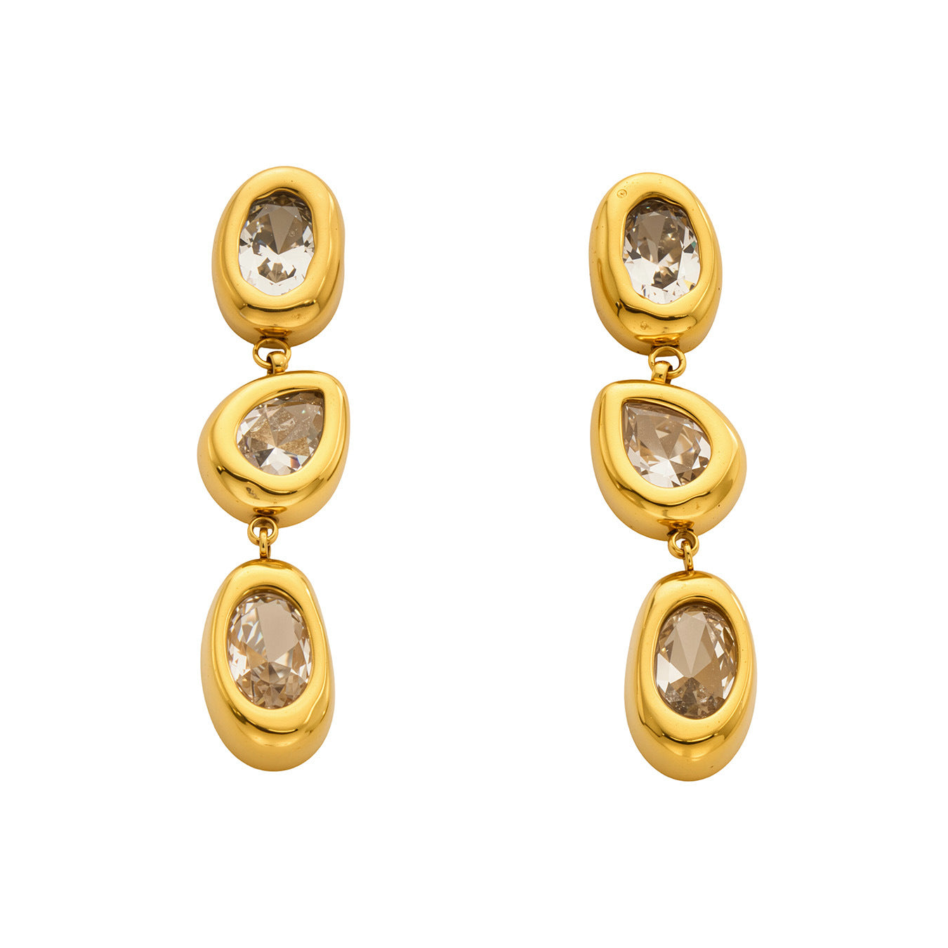 Liora linear gold earrings with three sparkling stones, 316L stainless steel — Crown Crest Jewel