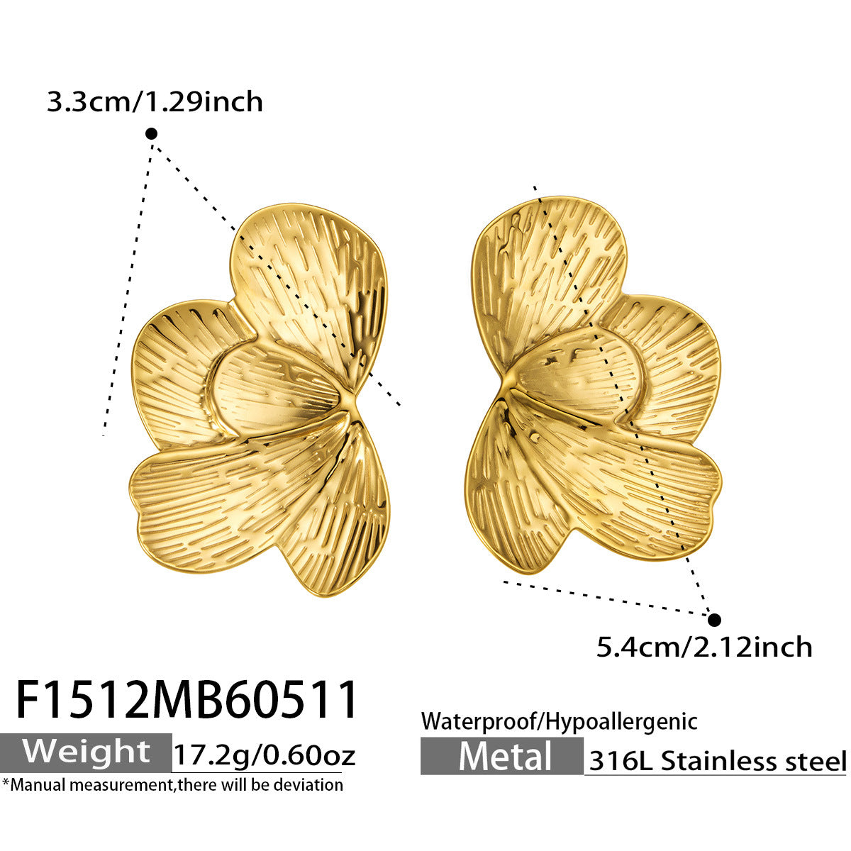 Petalia sculptural gold half-flower earrings, 316L stainless steel — Crown Crest Jewel