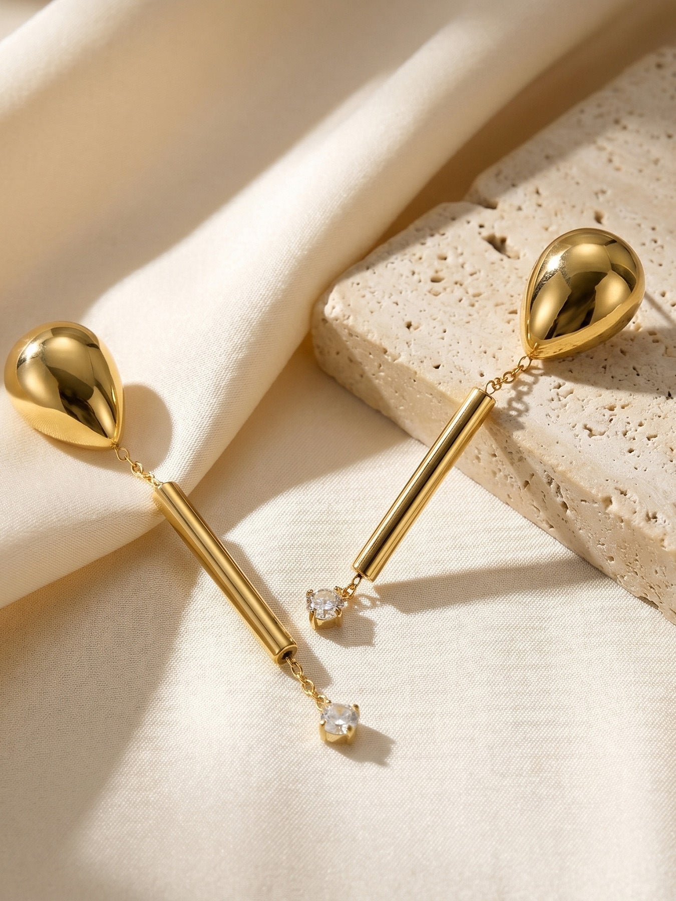 Isolde bold gold drop earrings ending in a pearl, 316L stainless steel — Crown Crest Jewel