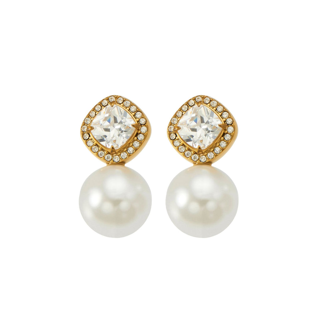 Seraphine gold drop earrings with diamond-cut stone and pearl, 316L stainless steel — Crown Crest Jewel