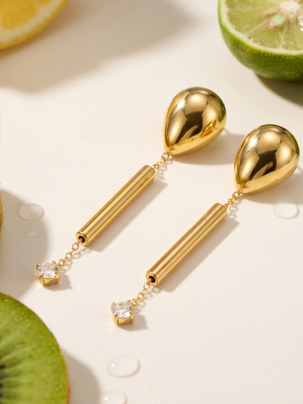 Isolde bold gold drop earrings ending in a pearl, 316L stainless steel — Crown Crest Jewel