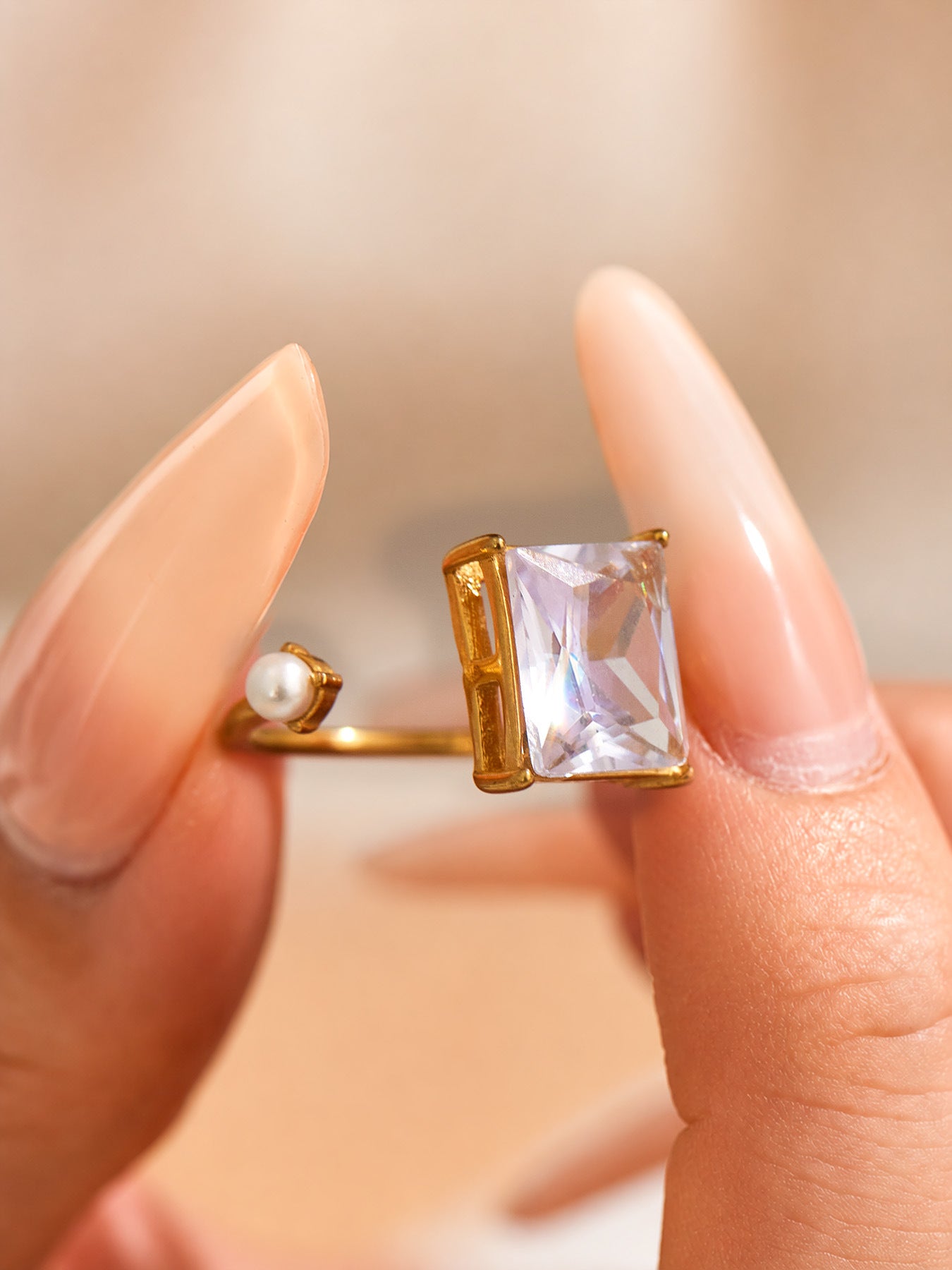 Elowen open gold ring with a square finish and white stone, 316L stainless steel — Crown Crest Jewel