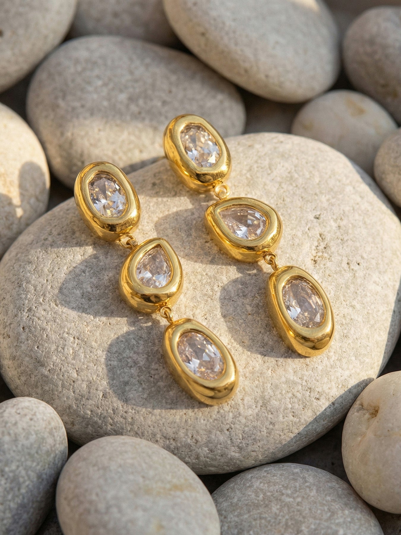 Liora linear gold earrings with three sparkling stones, 316L stainless steel — Crown Crest Jewel