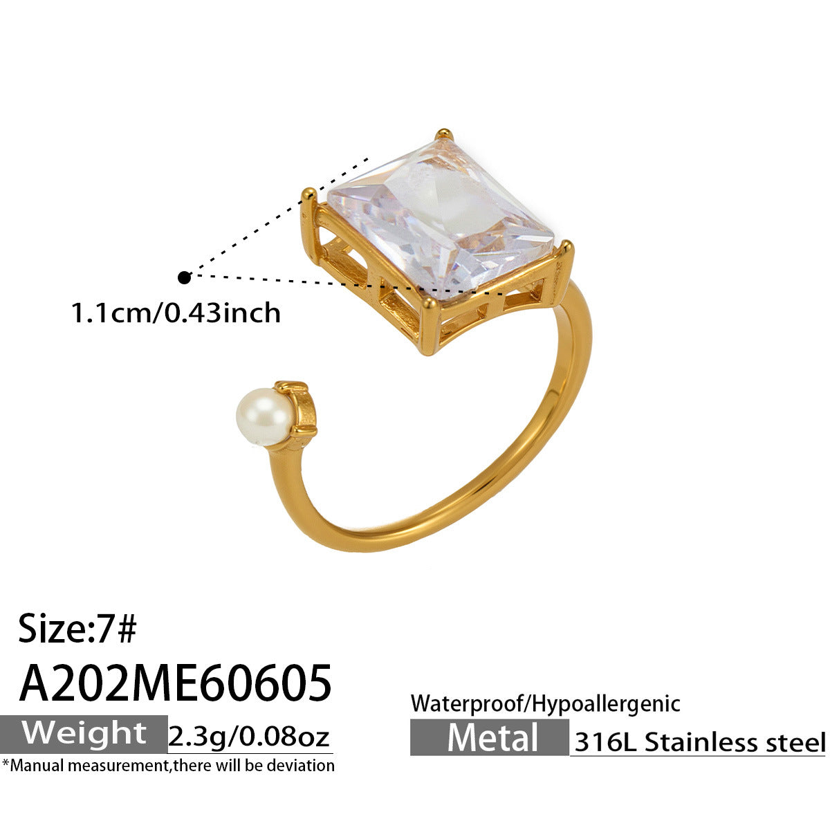 Elowen open gold ring with a square finish and white stone, 316L stainless steel — Crown Crest Jewel