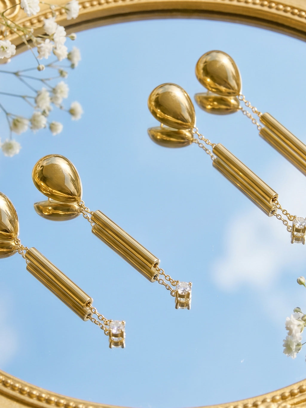 Isolde bold gold drop earrings ending in a pearl, 316L stainless steel — Crown Crest Jewel