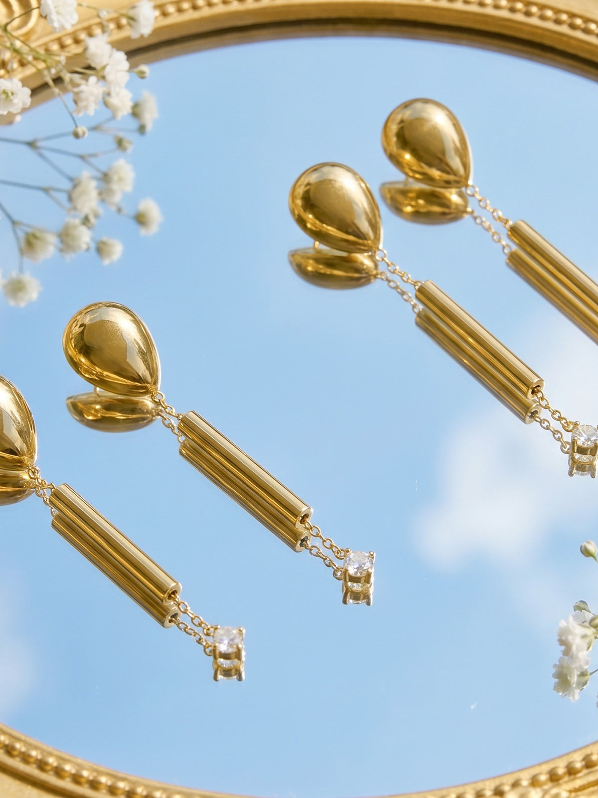 Isolde bold gold drop earrings ending in a pearl, 316L stainless steel — Crown Crest Jewel