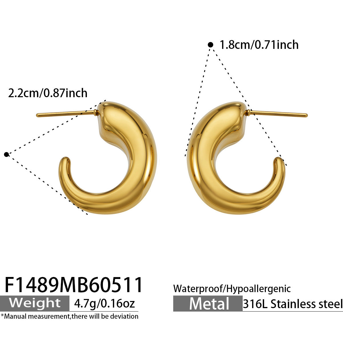 Marlow chunky gold C-hoop earrings, 316L stainless steel — Crown Crest Jewel