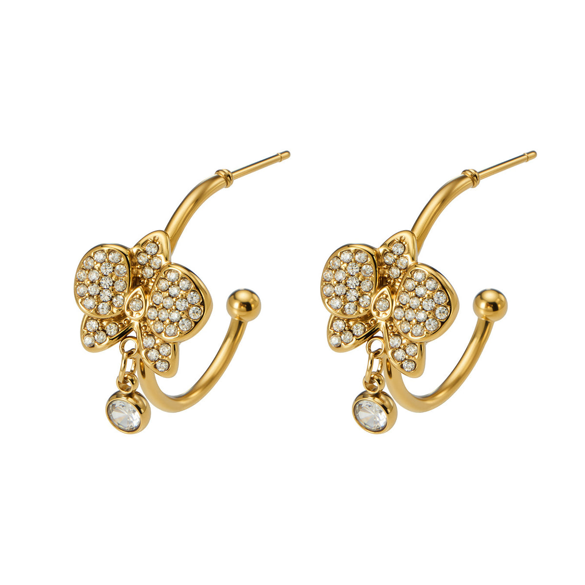 Bellara gold C-hoop earrings with bee and silver-toned stones, 316L stainless steel — Crown Crest Jewel