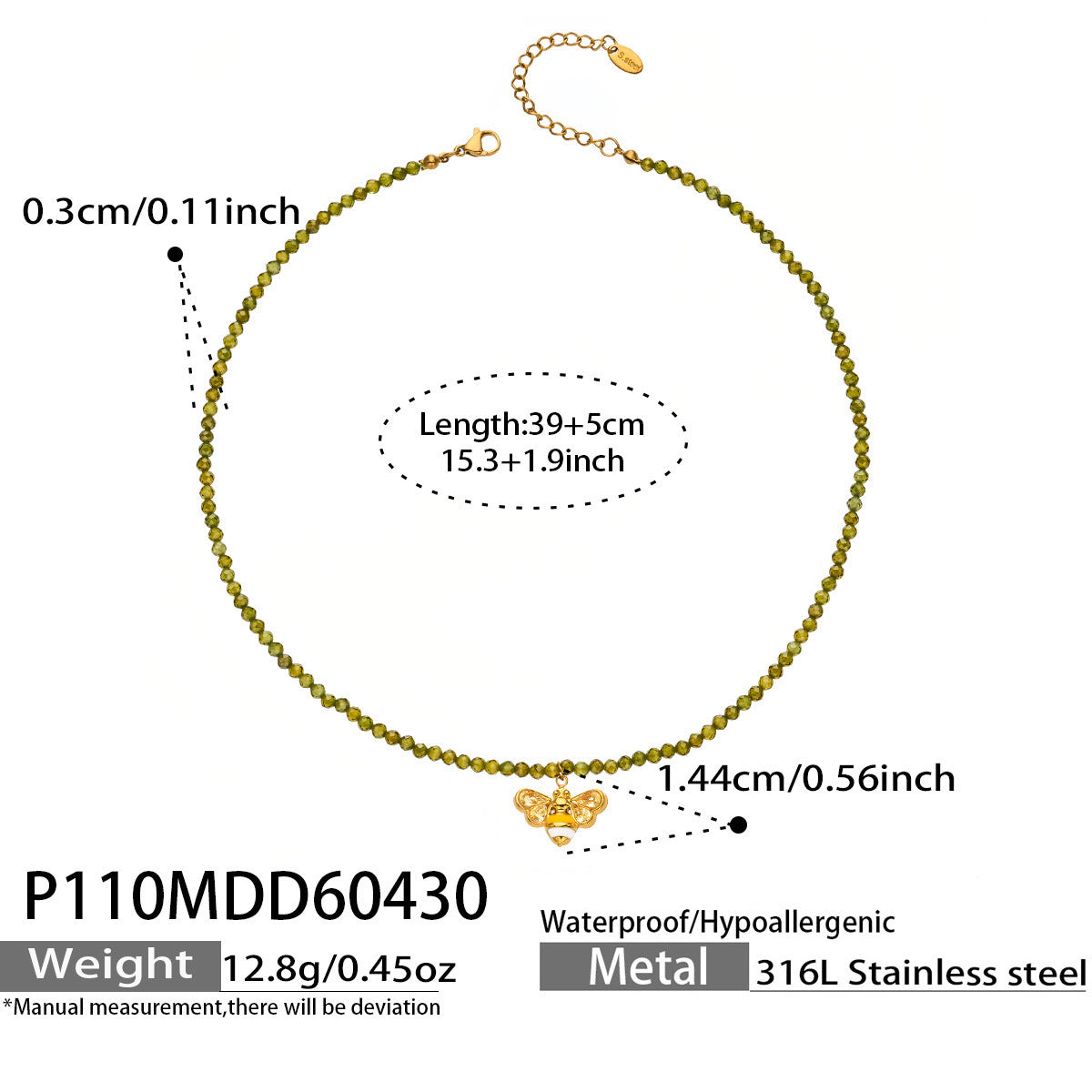 Zawadi gold necklace with green beads and bee pendant, 316L stainless steel — Crown Crest Jewel