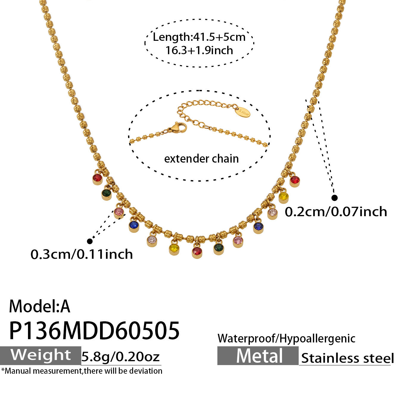 Sanaa gold beaded necklace with multicoloured stones, 316L stainless steel — Crown Crest Jewel