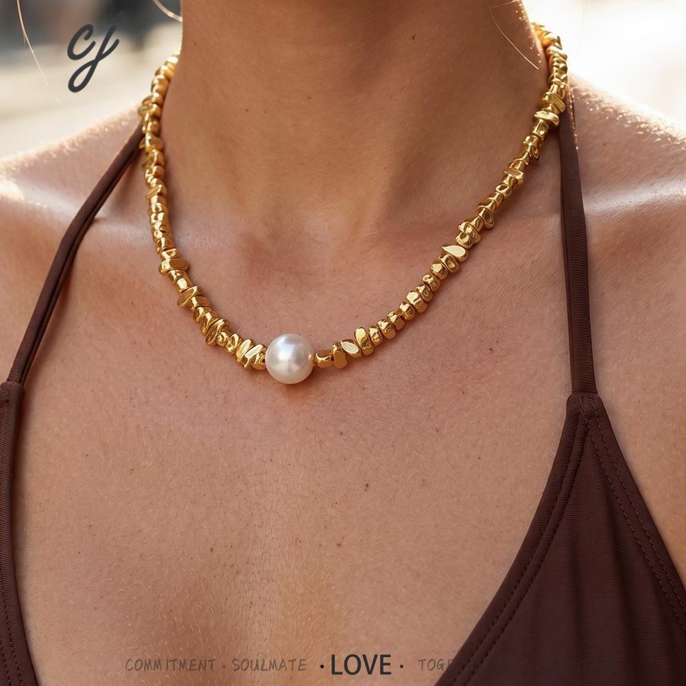 Taji bold gold beaded necklace with a luminous pearl, 316L stainless steel — Crown Crest Jewel