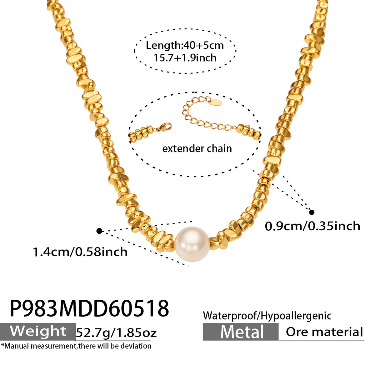 Taji bold gold beaded necklace with a luminous pearl, 316L stainless steel — Crown Crest Jewel