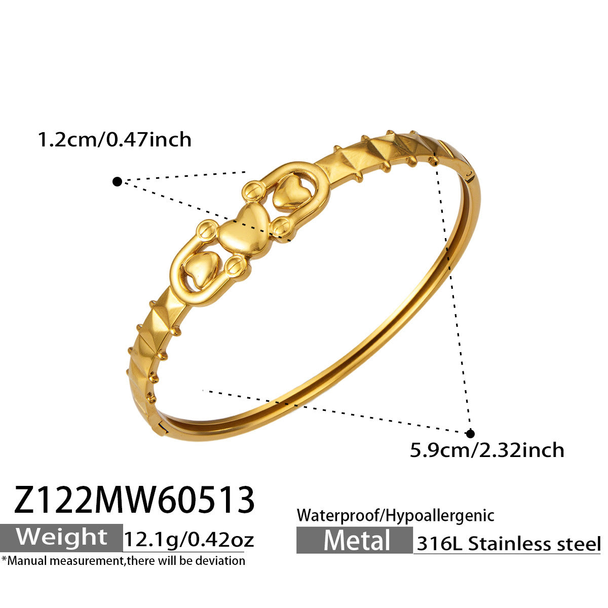 Valisse gold bangle cradling a heart centre, 316L stainless steel — Crown Crest Jewel