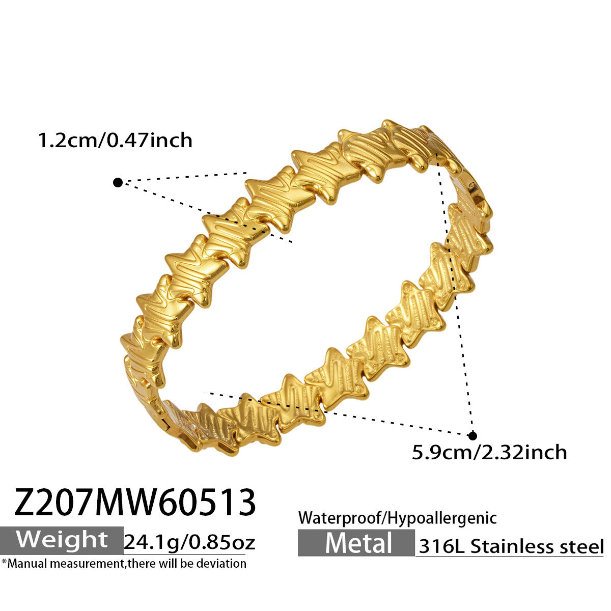Stellara gold bangle encircled with stars, 316L stainless steel — Crown Crest Jewel