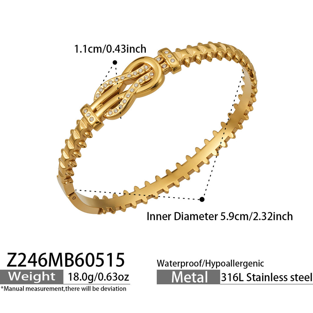 Cassia open C-shaped bangle with silver-toned stones, 316L stainless steel — Crown Crest Jewel