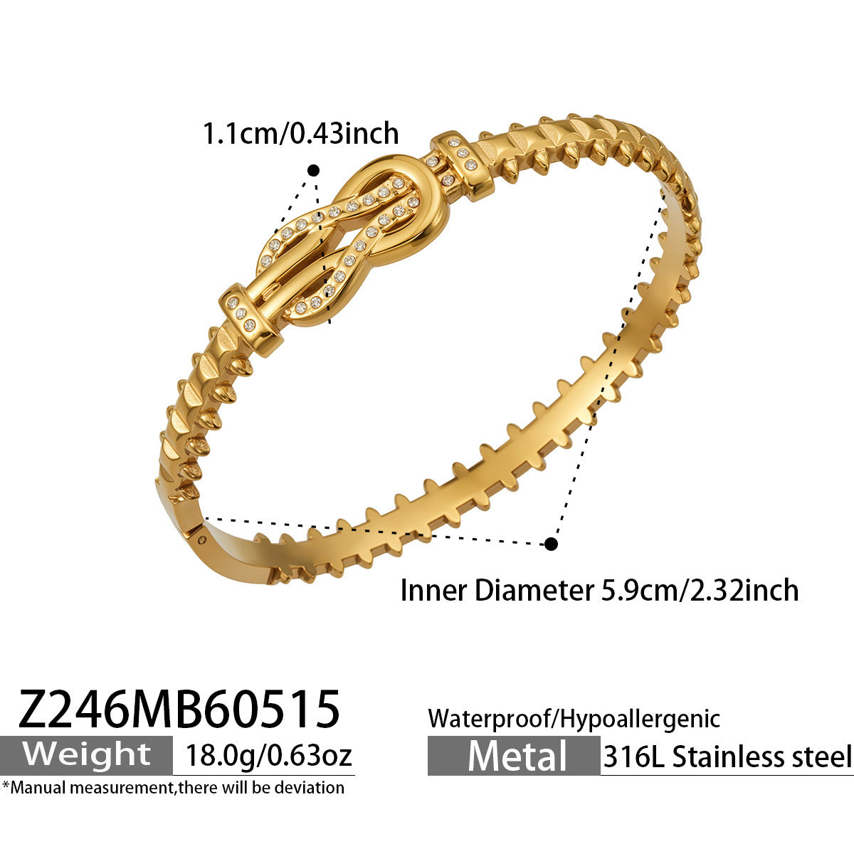 Cassia open C-shaped bangle with silver-toned stones, 316L stainless steel — Crown Crest Jewel