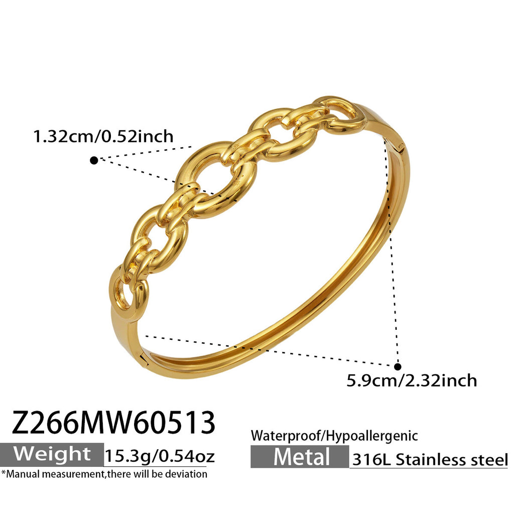 Orielle gold bangle with interlocking circular links, 316L stainless steel — Crown Crest Jewel