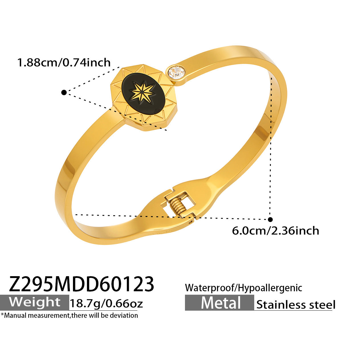 Eclipse gold bangle with black centre and star detail, 316L stainless steel — Crown Crest Jewel